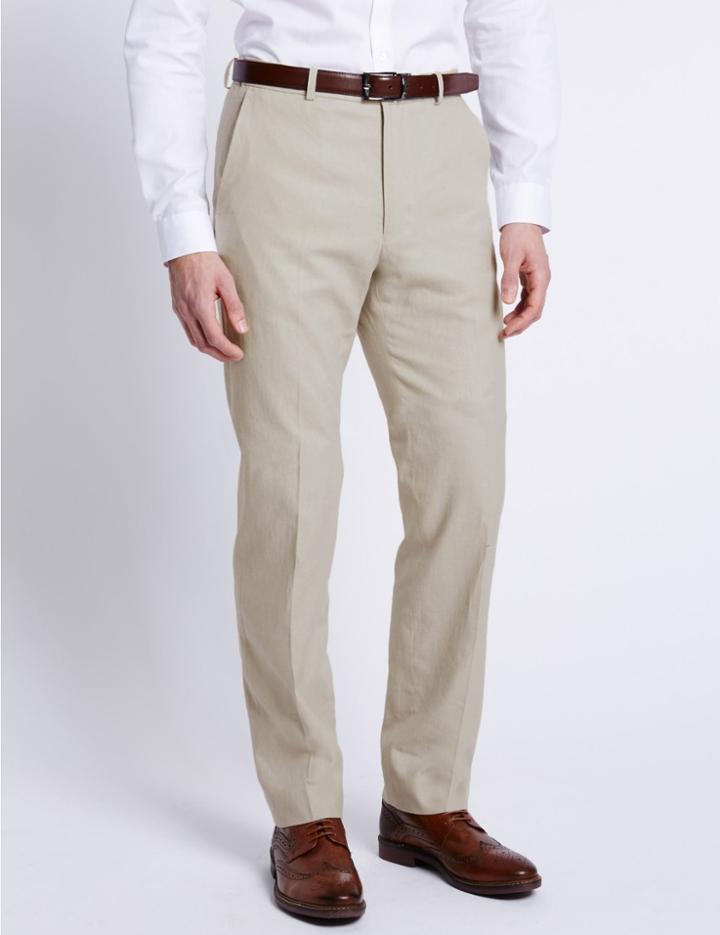 Marks & Spencer Linen Blend Flat Front Trousers Neutral