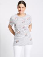Marks & Spencer Linen Blend Stripe Embroidered T-shirt Ivory Mix