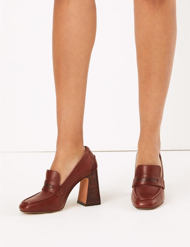 Marks & Spencer Leather Flared Block Heel Penny Loafers Dark Tan