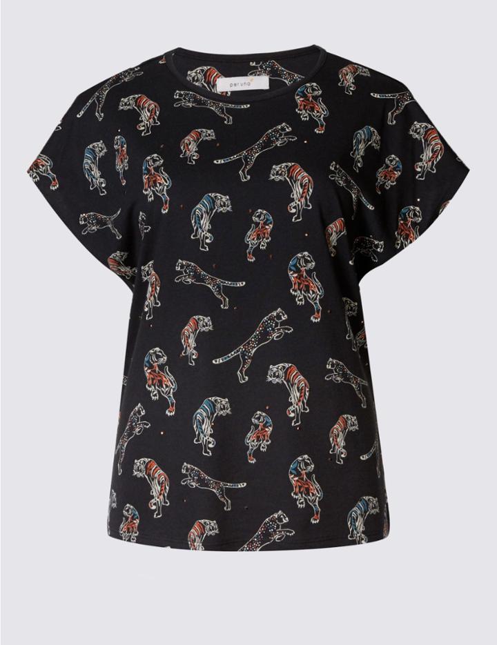 Marks & Spencer Modal Blend Bling Tiger Print Jersey Top Black Mix