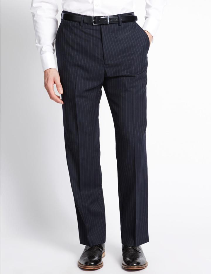 Marks & Spencer Pure New Wool Pinstriped Flat Front Trousers Navy