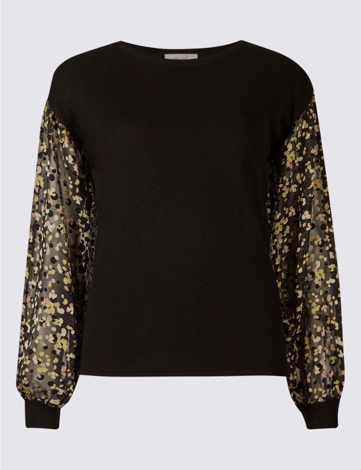 Marks & Spencer Round Neck Balloon Sleeve Jumper Black Mix