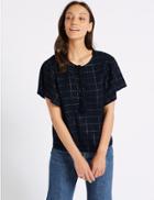 Marks & Spencer Cotton Rich Checked Ruffle Sleeve Blouse Navy Mix
