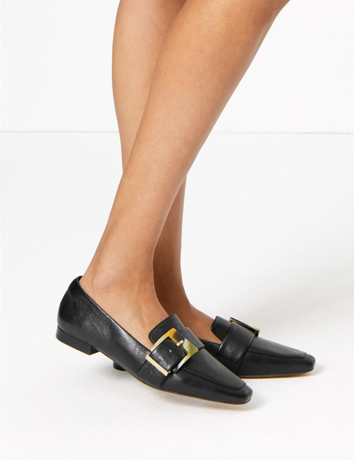 Marks & Spencer Leather Buckled Square Toe Loafers Black