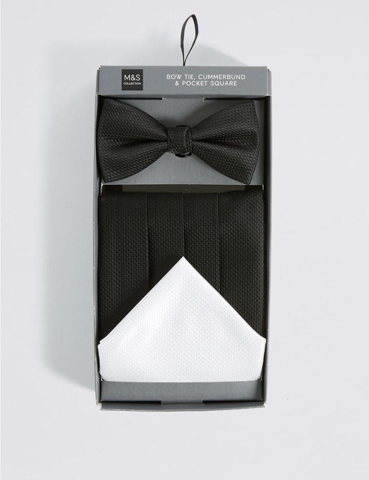 Marks & Spencer 3 Piece Bow Tie, Cummerbunds & Pocket Square Set Black Mix