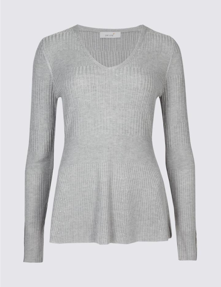 Marks & Spencer Ribbed Peplum Hem V-neck Jumper Grey