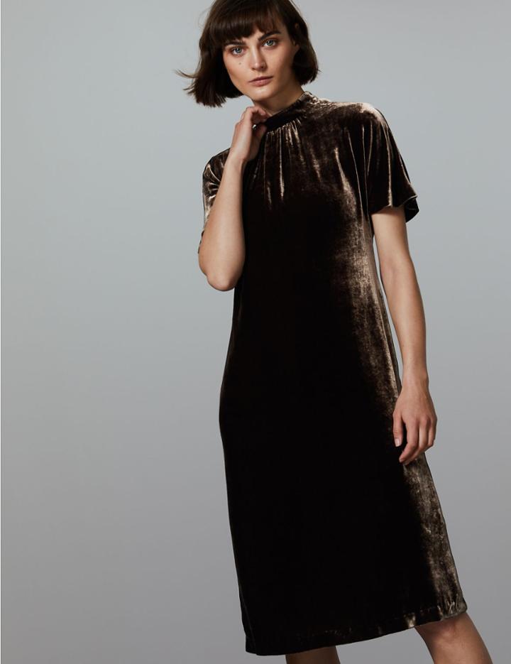 Marks & Spencer Velvet Short Sleeve Shift Dress With Silk Cocoa