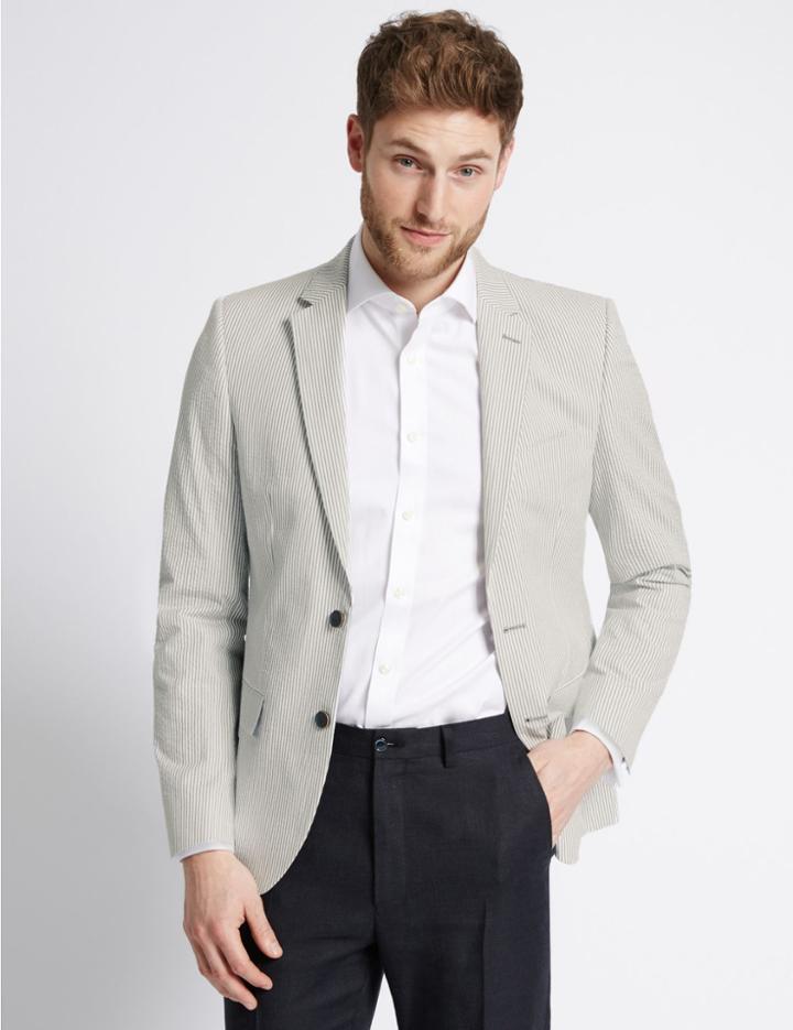 Marks & Spencer Pure Cotton Seersucker Striped Jacket Navy/white