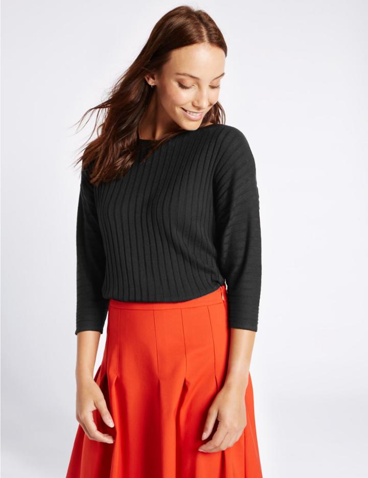 Marks & Spencer Ribbed Slash Neck 3/4 Sleeve Jumper Black