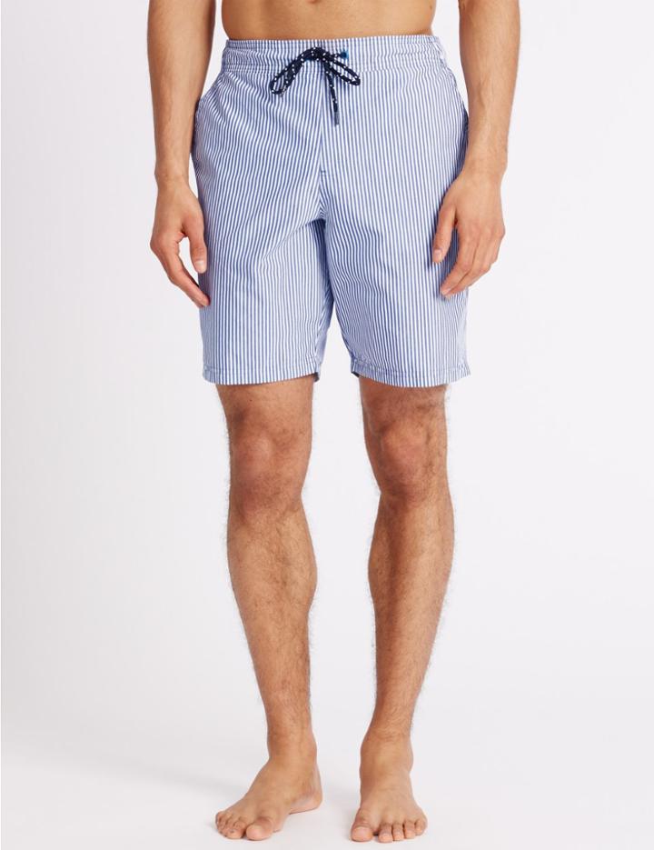 Marks & Spencer Quick Dry Striped Swim Shorts With Pocket Blue Mix