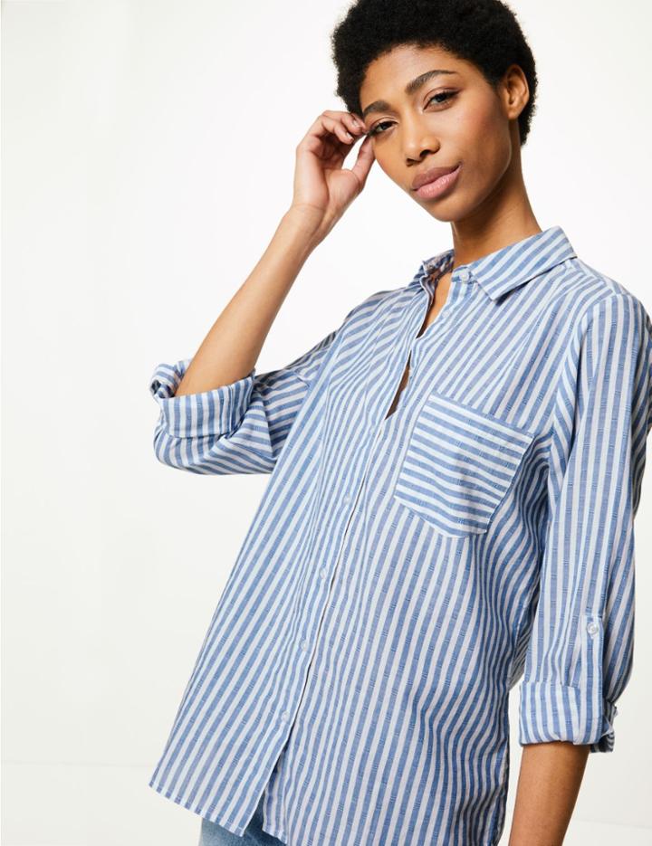 Marks & Spencer Pure Cotton Striped Button Detail Shirt Blue Mix