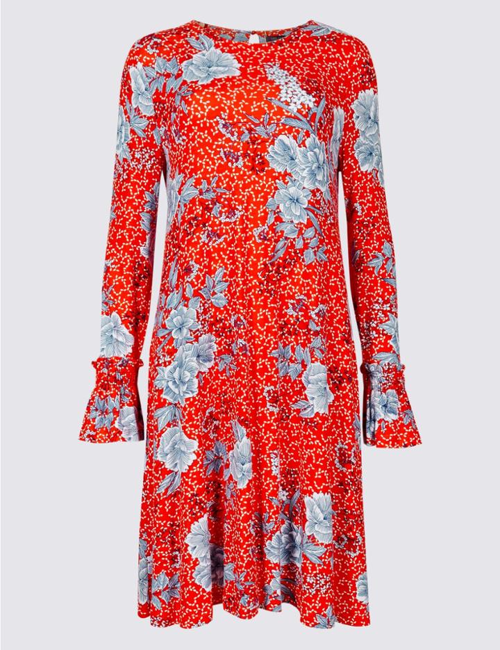 Marks & Spencer Floral Print Long Sleeve Swing Dress Red Mix