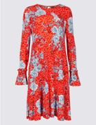 Marks & Spencer Floral Print Long Sleeve Swing Dress Red Mix
