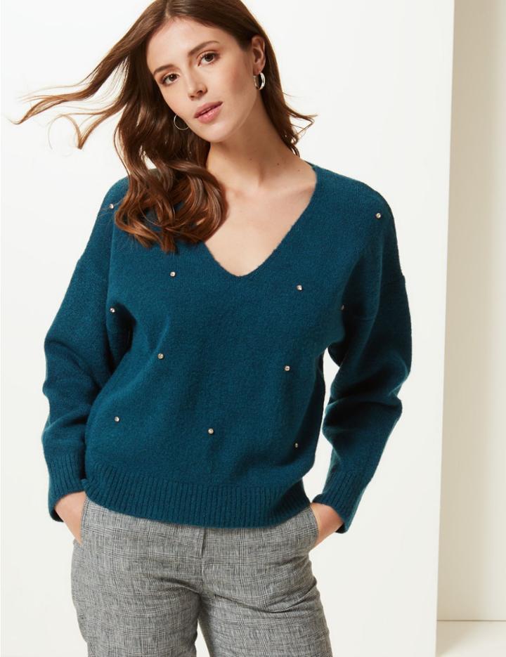 Marks & Spencer Embellished V-neck Jumper Dark Marine