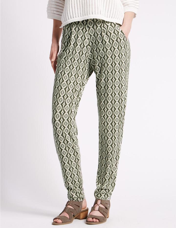 Marks & Spencer Geometric Print Tapered Leg Trousers Khaki Mix