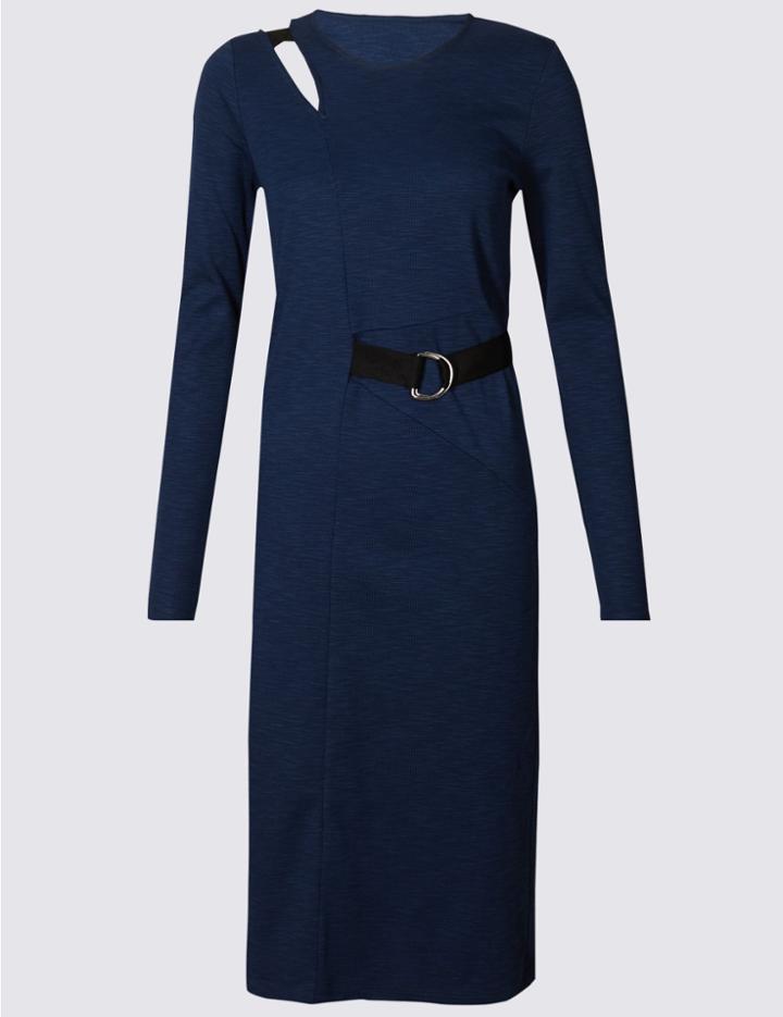 Marks & Spencer Modal Blend Buckle Long Sleeve Wrap Dress Light Navy