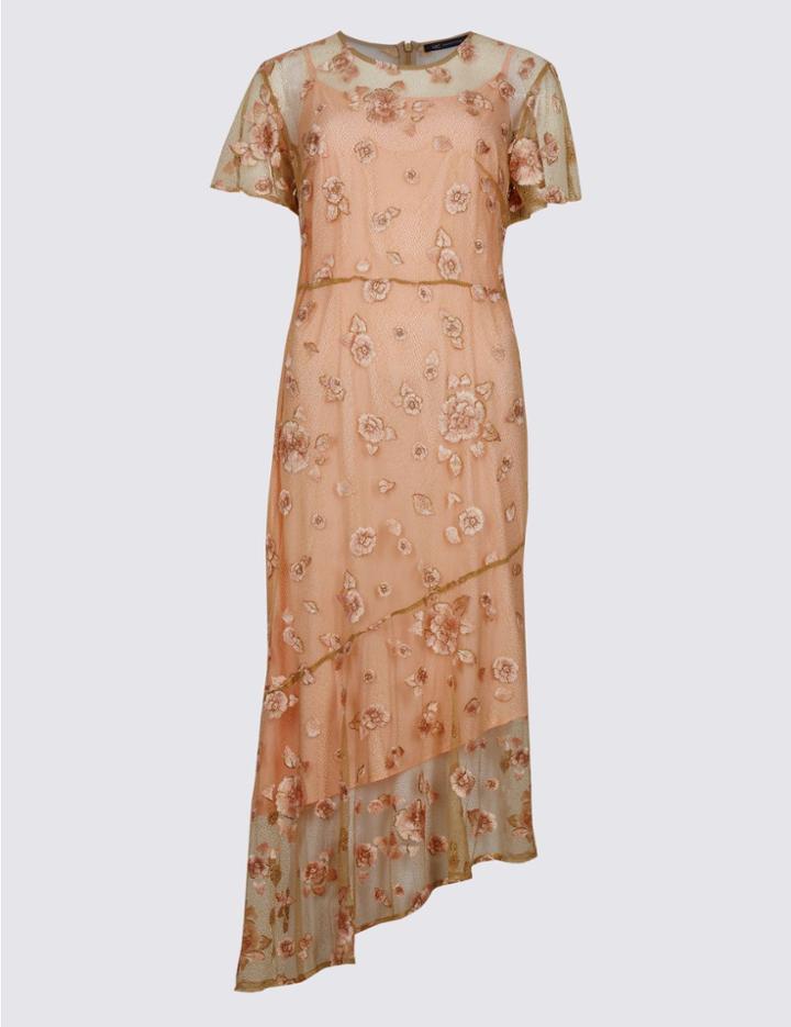 Marks & Spencer Embroidered Short Sleeve Midi Dress Pink Mix