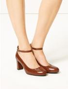 Marks & Spencer Wide Fit Ankle Strap Block Heel Court Shoes Chestnut