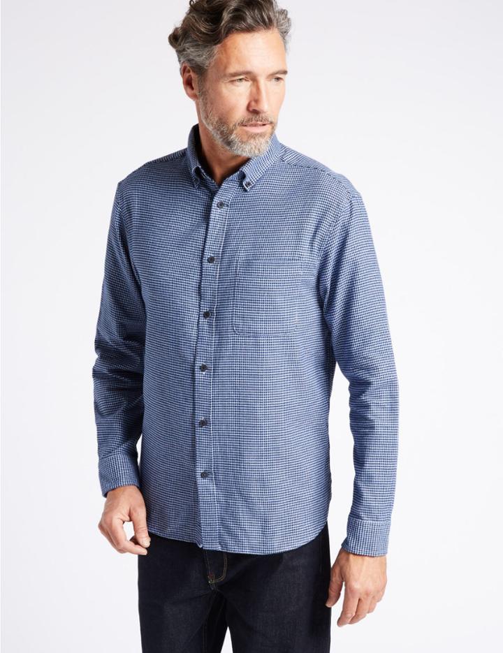 Marks & Spencer Luxury Brushed Cotton Checked Shirt Bright Blue