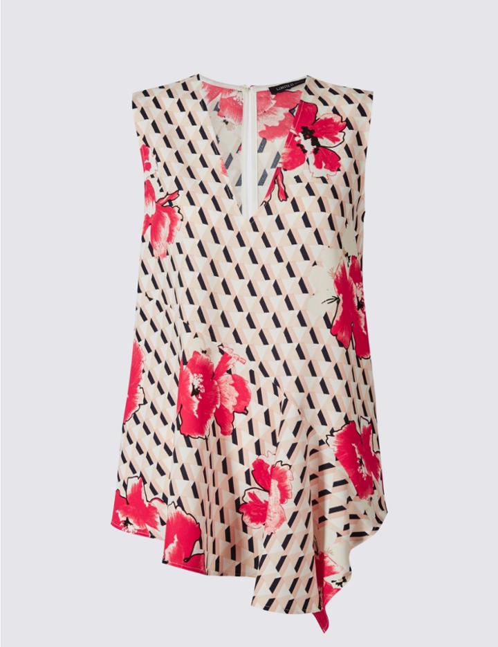 Marks & Spencer Floral Print Asymmetrical Hem Shell Top Ivory Mix