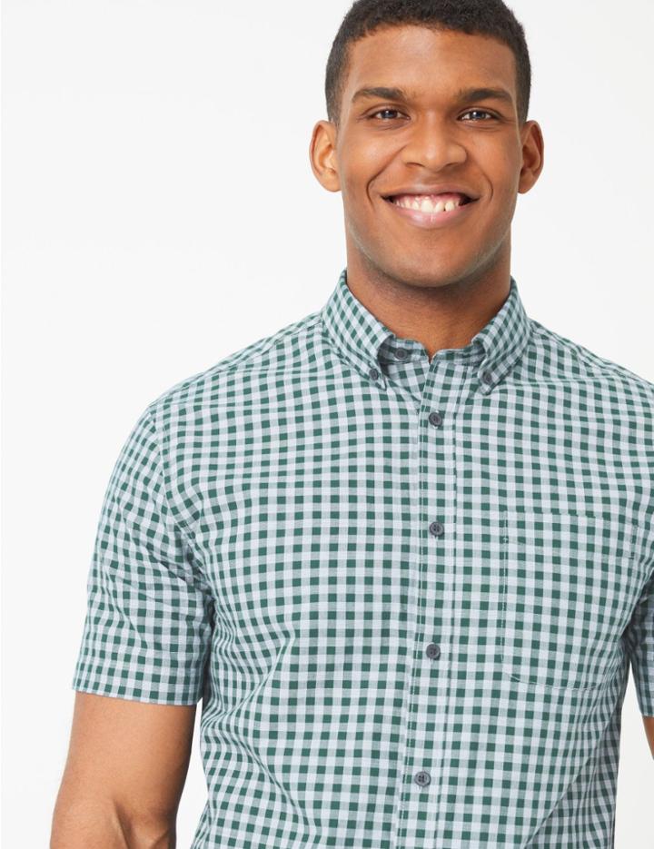 Marks & Spencer Cotton Checked Relaxed Fit Shirt Green Mix