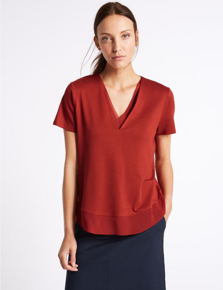 Marks & Spencer Lace Neckline Short Sleeve Jersey Top Sienna
