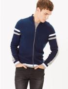 Marks & Spencer Pure Cotton Zip Through Striped Cardigan Navy Mix