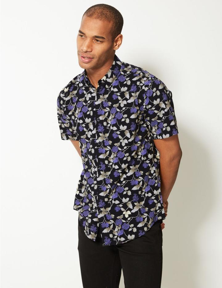 Marks & Spencer Cotton Rich Floral Print Shirt Black Mix
