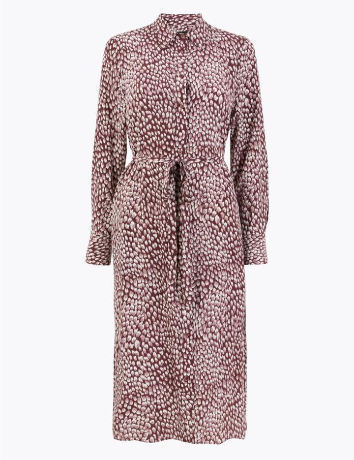 Marks & Spencer Pure Silk Printed Shirt Midi Dress Burgundy Mix