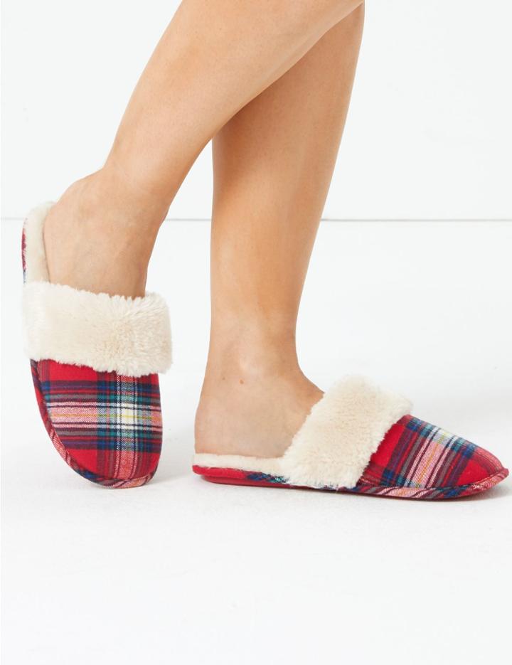 Marks & Spencer Animal Print Faux Fur Cuff Mules Red Mix