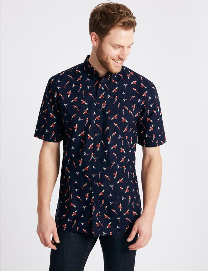 Marks & Spencer 2in Longer Regular Fit Printed Oxford Shirt Navy