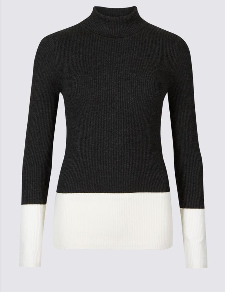 Marks & Spencer Colour Block Roll Neck Long Sleeve Jumper Charcoal Mix