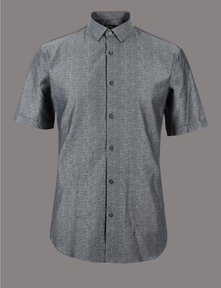 Marks & Spencer Pure Cotton Slim Fit Textured Shirt Light Grey Mix