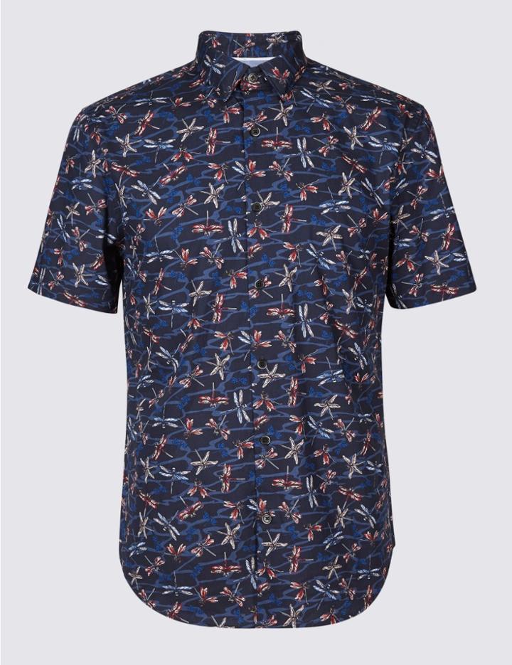 Marks & Spencer Pure Cotton Slim Fit Printed Shirt Dark Midnight