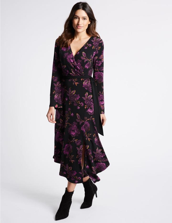 Marks & Spencer Floral Print Long Sleeve Wrap Midi Dress Black Mix