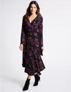 Marks & Spencer Floral Print Long Sleeve Wrap Midi Dress Black Mix