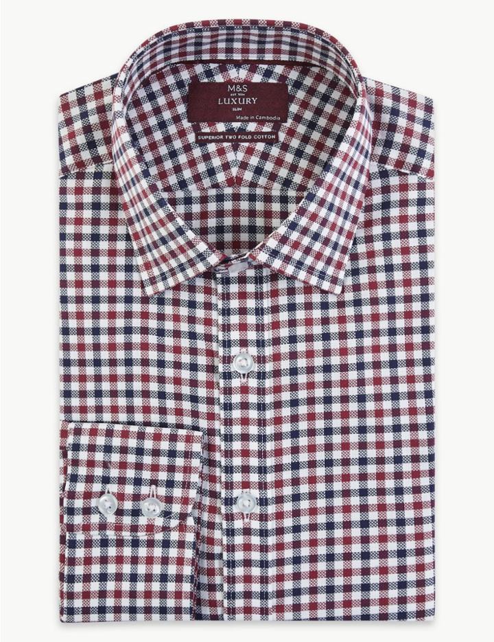 Marks & Spencer Pure Cotton Checked Slim Fit Oxford Shirt Burgundy Mix