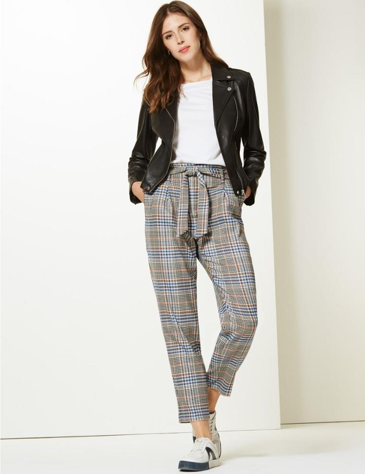 Marks & Spencer Checked Tapered Leg Trousers Orange Mix
