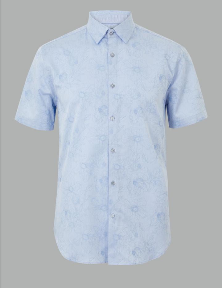 Marks & Spencer Cotton Rich Flower Print Shirt Blue