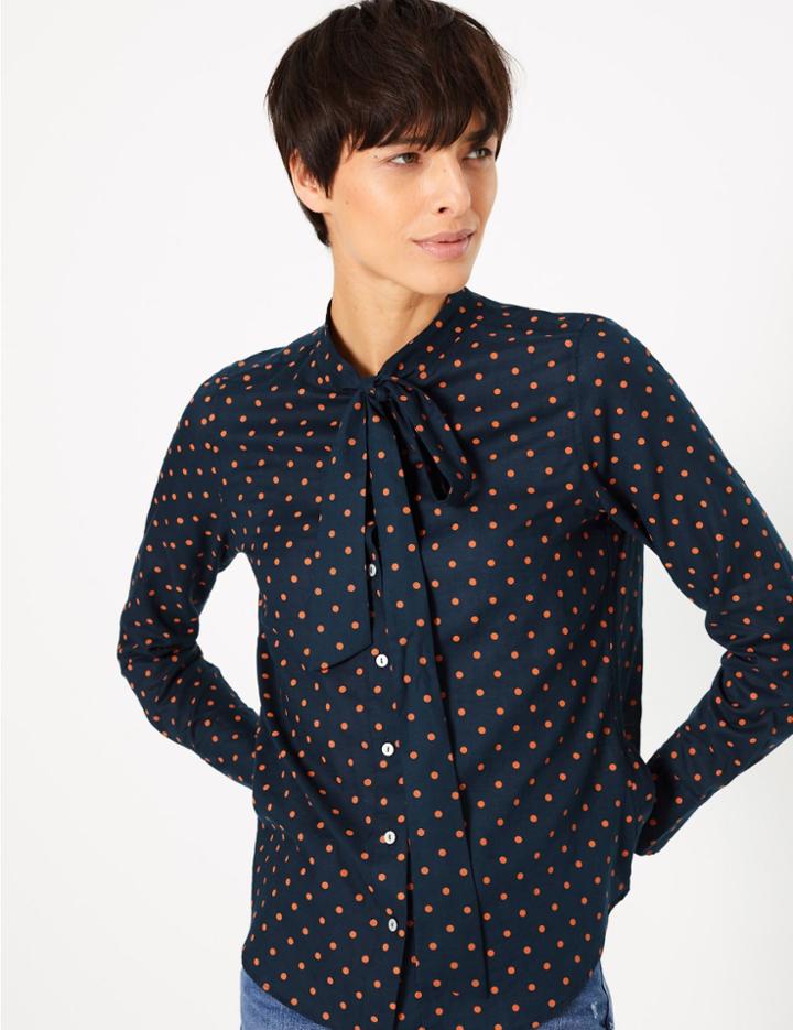 Marks & Spencer Pure Cotton Polka Dot Tie Neck Blouse Navy Mix