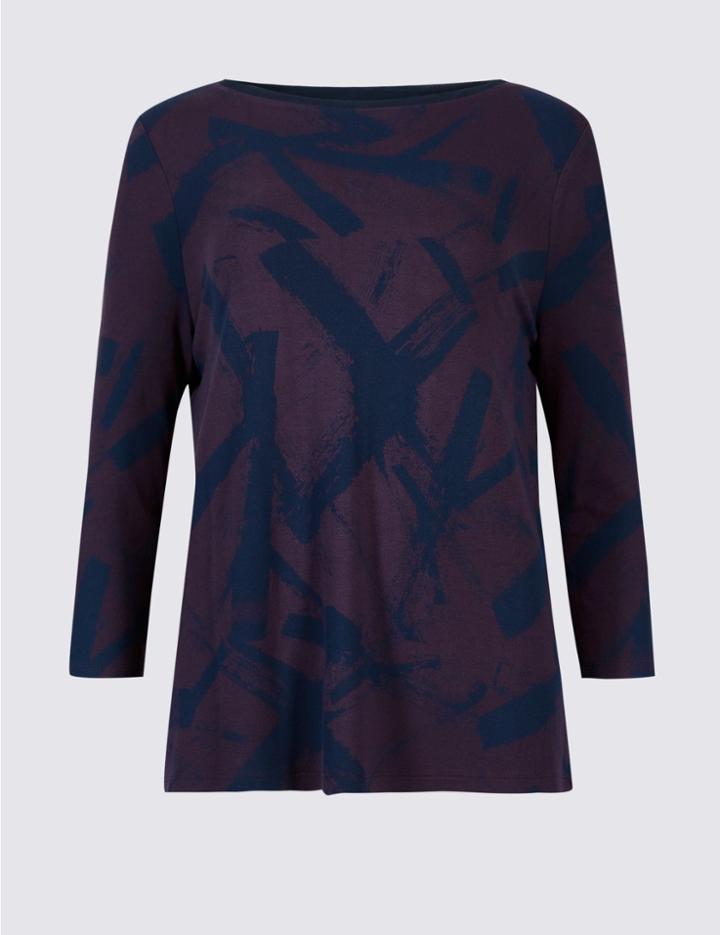 Marks & Spencer Leaf Print Slash Neck 3/4 Sleeve T-shirt Purple Mix