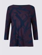 Marks & Spencer Leaf Print Slash Neck 3/4 Sleeve T-shirt Purple Mix
