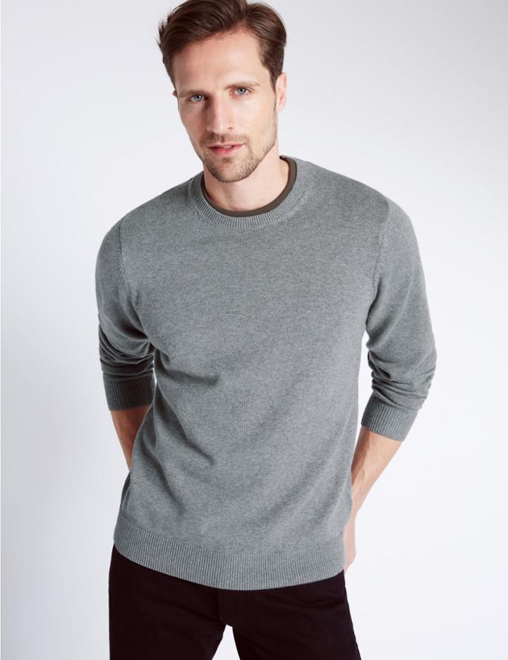 Marks & Spencer Pure Cotton Crew Neck Jumper Medium Grey Mix