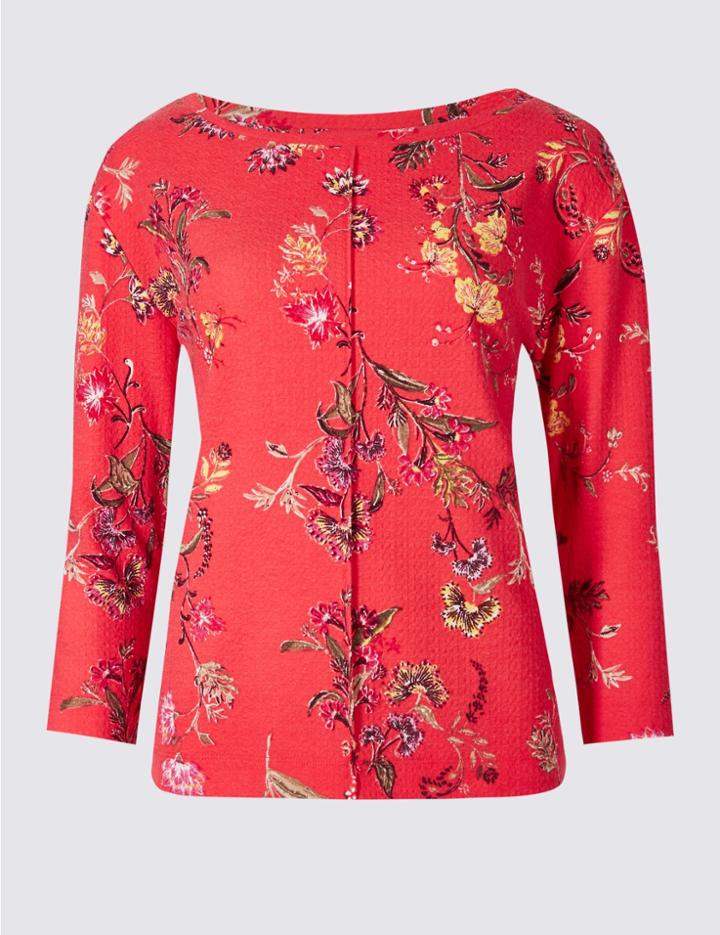 Marks & Spencer Floral Print Boat Neck 3/4 Sleeve Sweatshirt Coral Mix