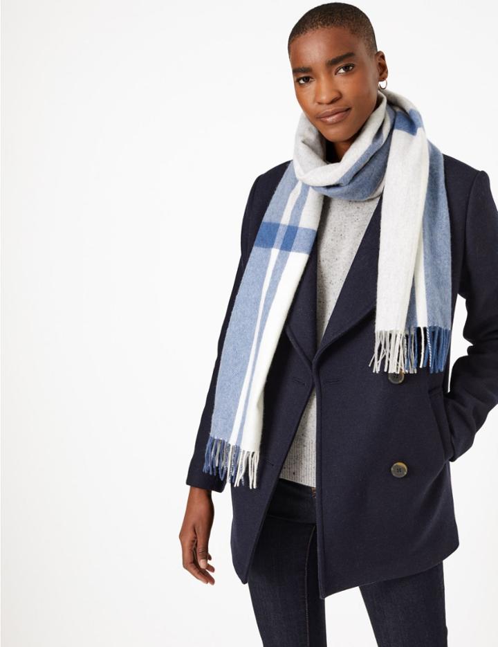 Marks & Spencer Cashmere Checked Scarf Blue Mix