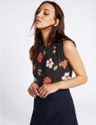 Marks & Spencer Floral Print Round Neck Shell Top Navy Mix