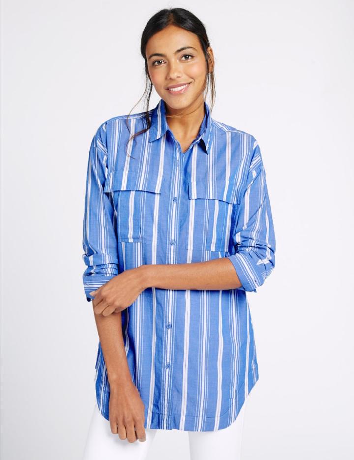 Marks & Spencer Pure Cotton Striped Long Sleeve Shirt Blue Mix