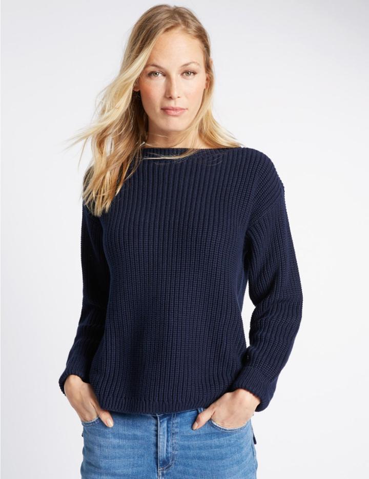 Marks & Spencer Pure Cotton Fisherman Rib Slash Neck Jumper Navy