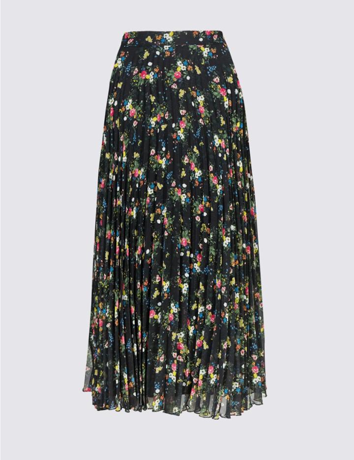 Marks & Spencer Floral Print Pleated A-line Midi Skirt Black Mix