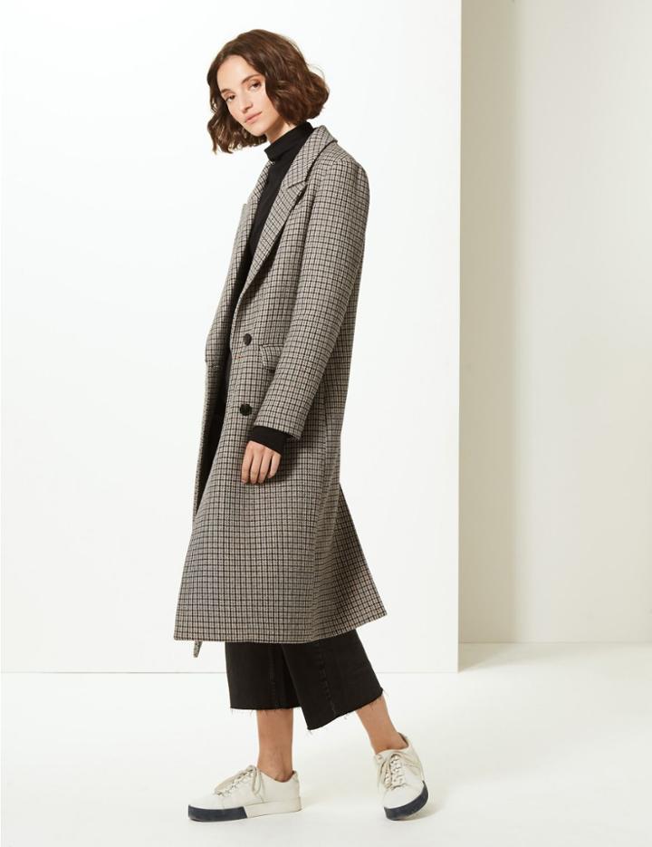 Marks & Spencer Checked Longline Coat Brown Mix